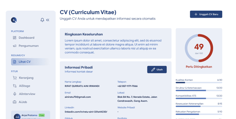 Tampilan dasbor Aicareer: halaman CV dengan skor dan ringkasan profil